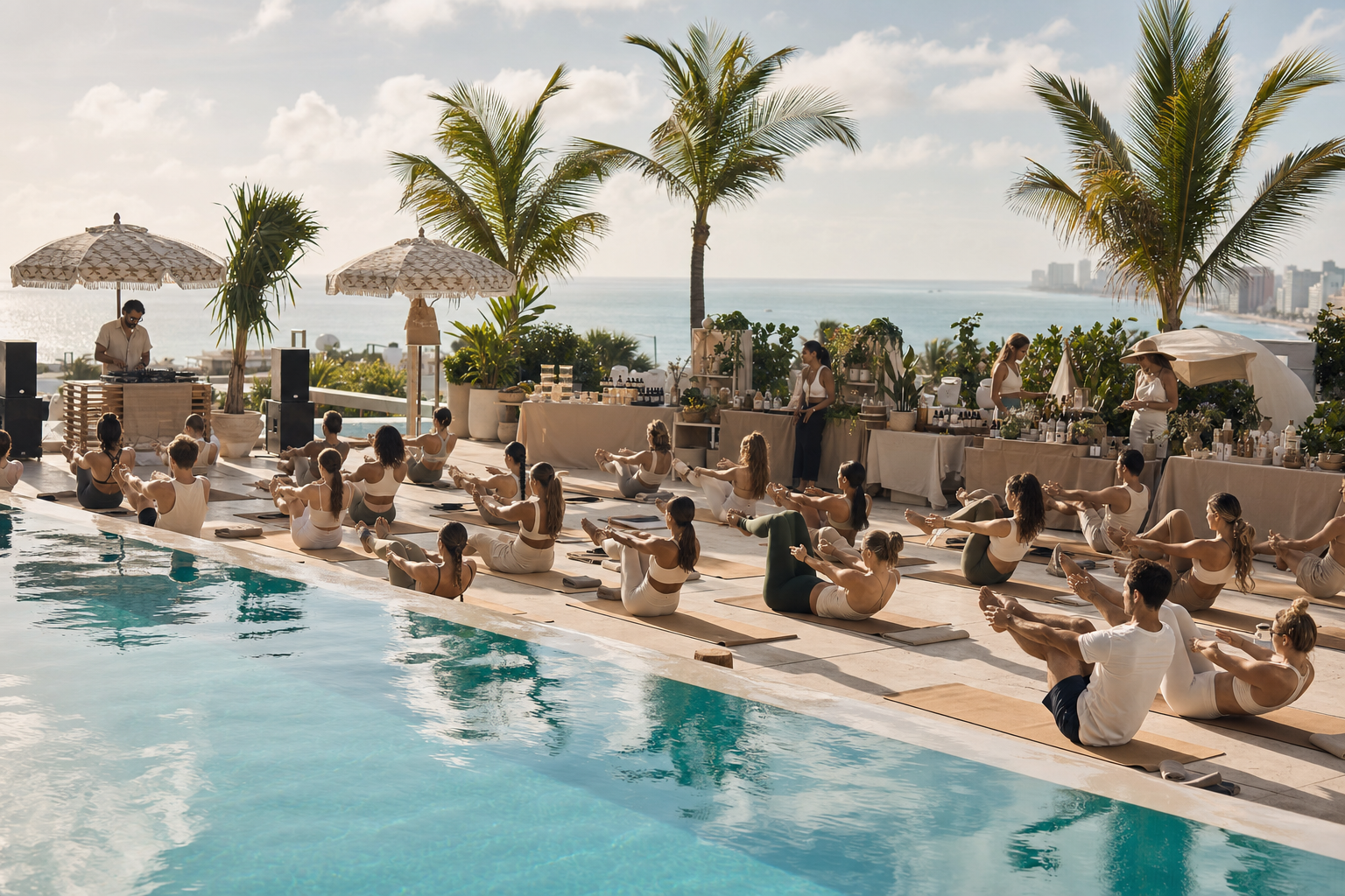Sunne Life rooftop poolside wellness gathering in Fort Lauderdale — a group flowing through yoga poses beside a turquoise infinity pool, with a DJ, palm trees, and the ocean behind them