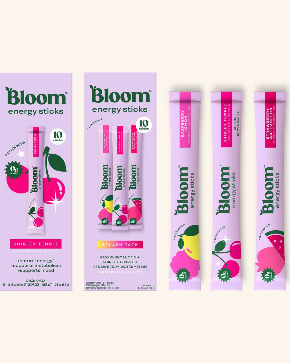 Bloom energy sticks boxes and single-serve packets in Shirley Temple, raspberry lemon and strawberry watermelon flavors