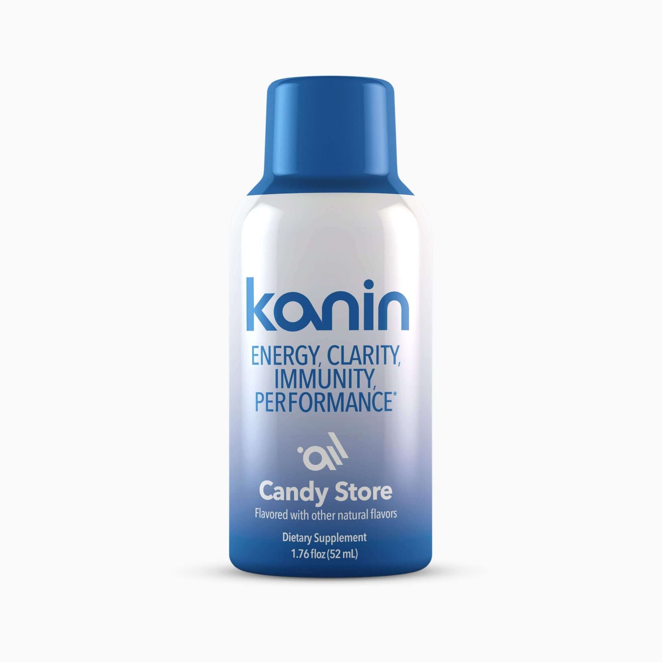 Kanin Candy Store energy and clarity shot bottle on a white background