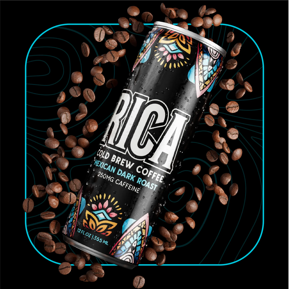 RICA Cold Brew Coffee Mexican Dark Roast can surrounded by roasted coffee beans on a dark background